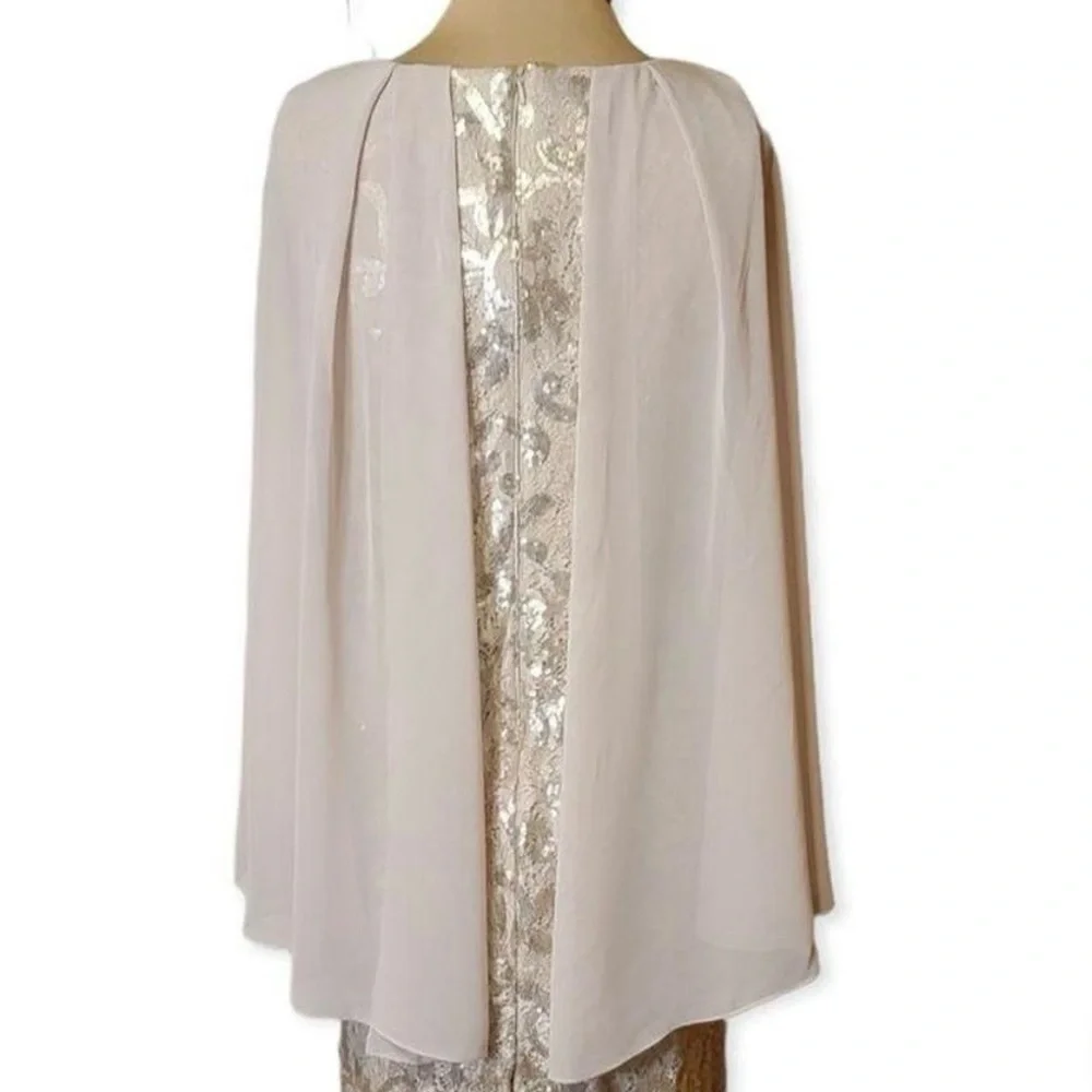 Alex Evenings Champagne Sequin Lace Chiffon Cape Sheath Dress size 6